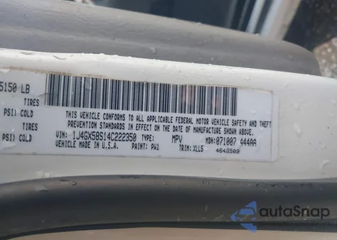 2004 Jeep Grand Cherokee Limited z USA, uszkodzony, nr VIN 1J4GX58S14C222350